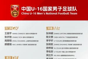 U16国足集训名单公布：张林峒、柯博文领衔，杨苡欢等33人入选