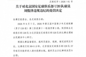官方处罚：国安U20小将刘俊泽闯入场内扔水瓶 遭停赛1场